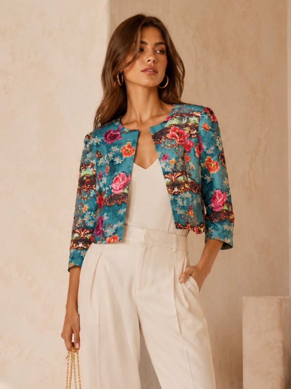 PatBO x C&A Floral Baroque Cropped Jacket Turquoise Blue Open Front 3/4 Sleeve🐠